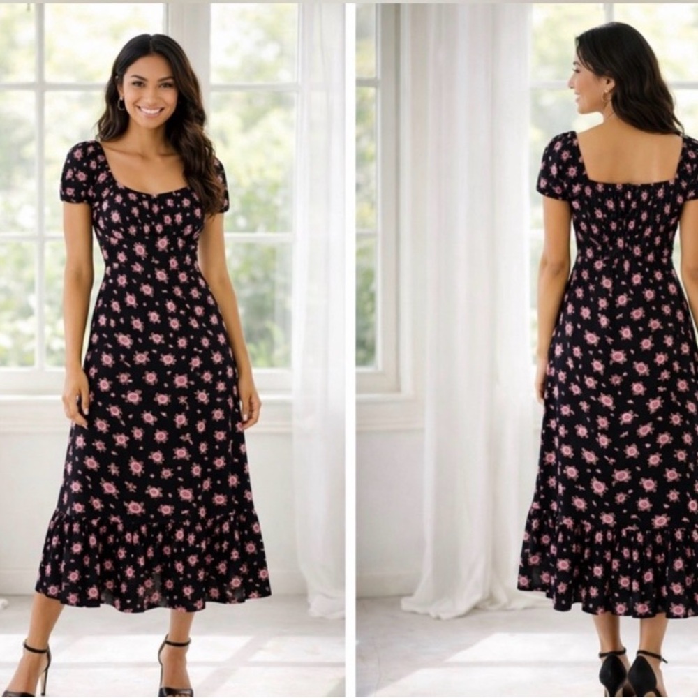 ANGIE Romantic | Cottagecore | Floral Midi Dress Puff Sleeves | NWT | Medium